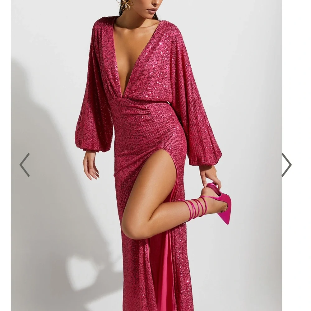 ARLINGTON MIDI DRESS - SEQUIN LONG SLEEVE DRESS IN HOT PINK - Picture 2 of 5